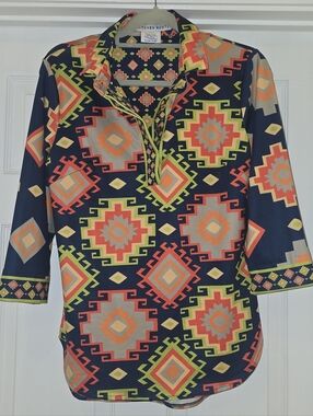 Gretchen Scott Designs Navy Geometric Collared Tunic with Orange & Lime Accents